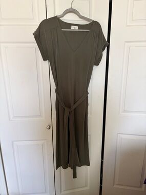 Olive V-Neck Belted Midi Dress